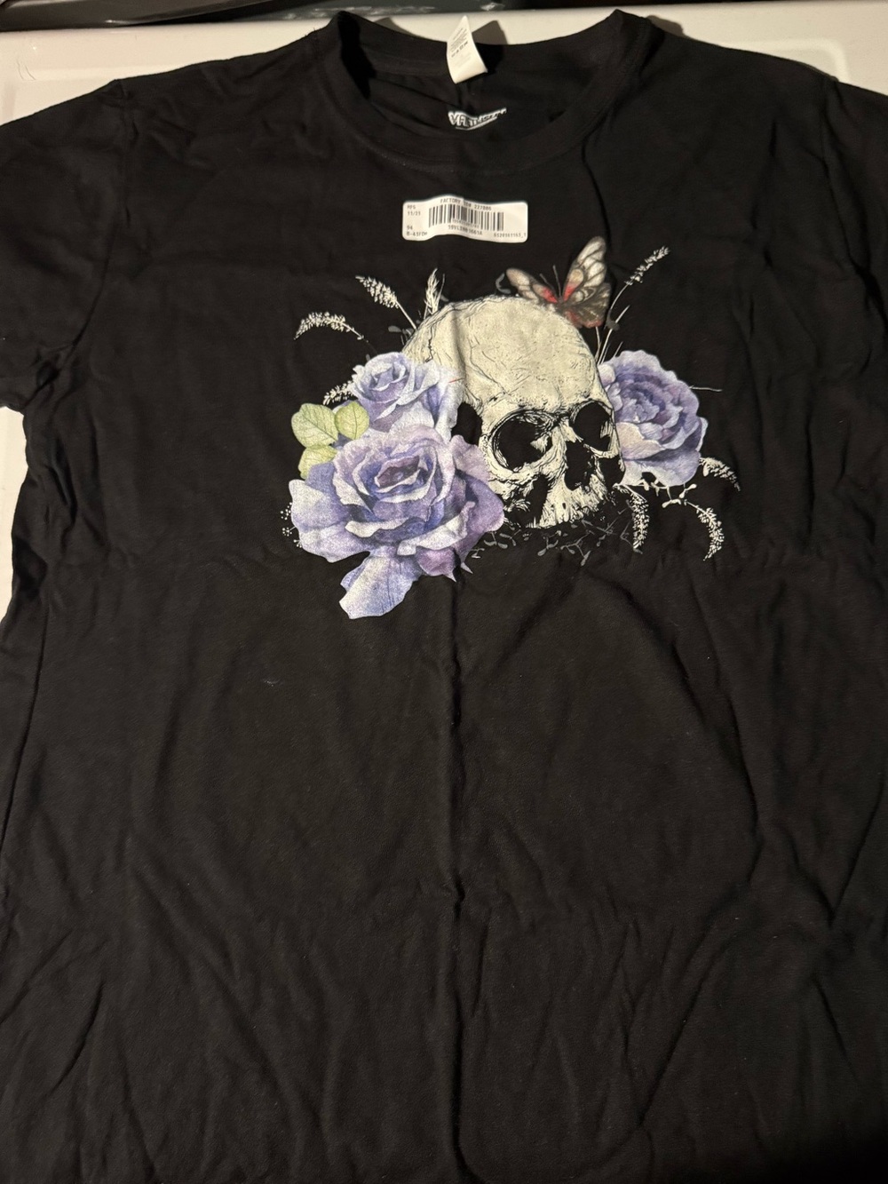 Black Graphic Skull & Purple Rose Tee